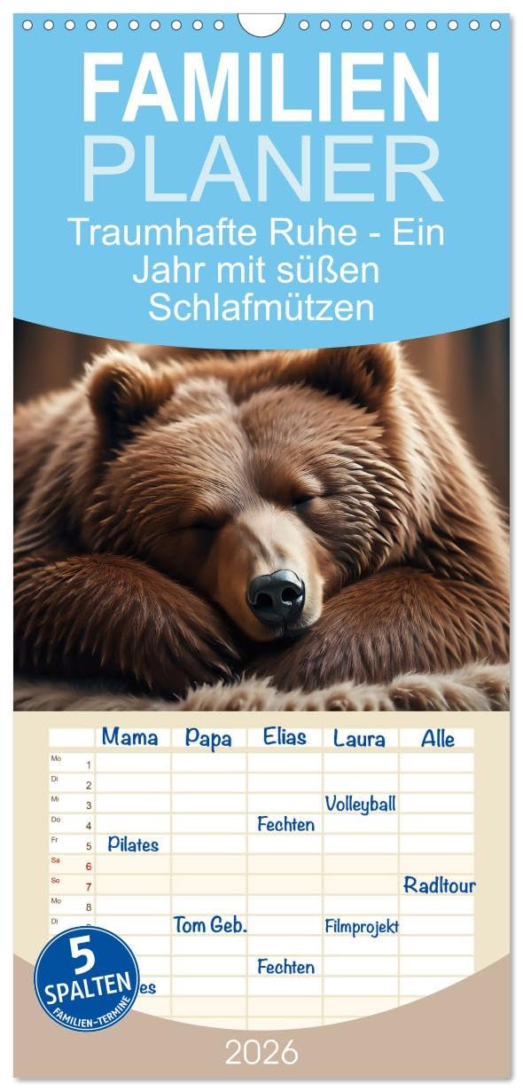 Familienplaner 2026 - Traumhafte Ruhe - Ein Jahr mit süßen Schlafmützen mit 5 Spalten (Wandkalender, 21 cm x 45 cm), CALVENDO Natural Sciences