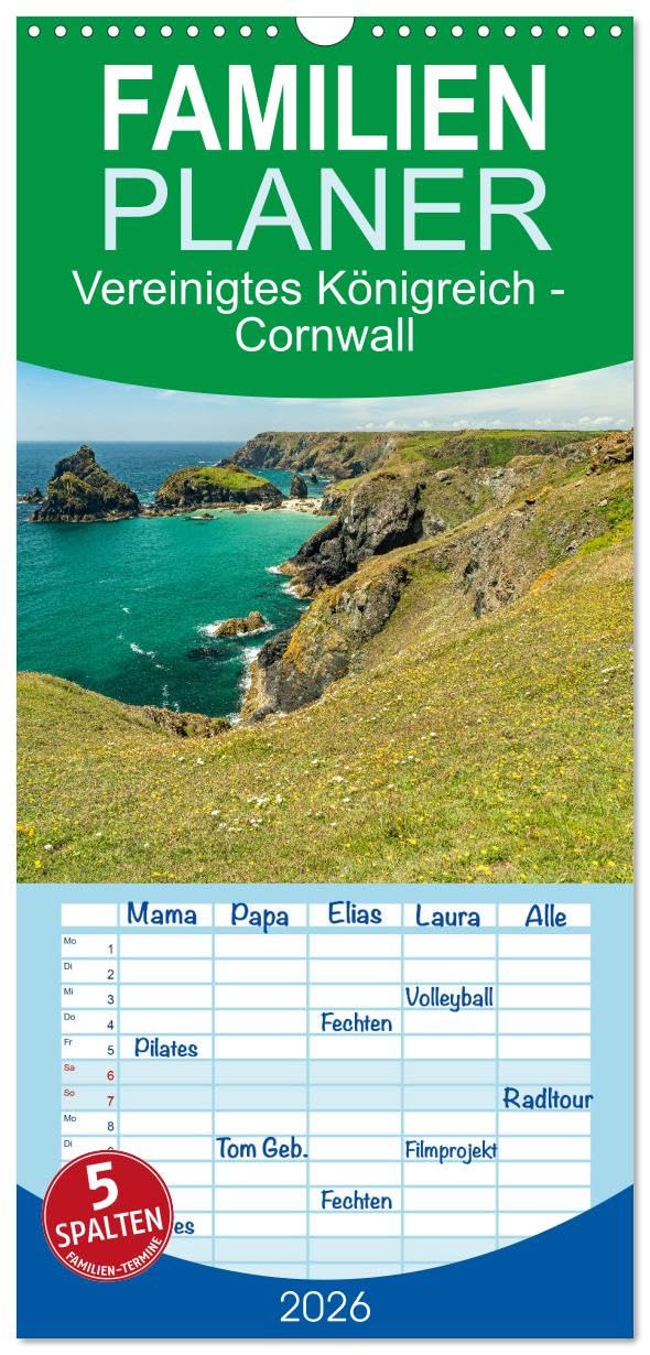 Familienplaner 2026 - Vereinigtes Königreich - Cornwall mit 5 Spalten (Wandkalender, 21 cm x 45 cm), CALVENDO Leisure, Home & Garden