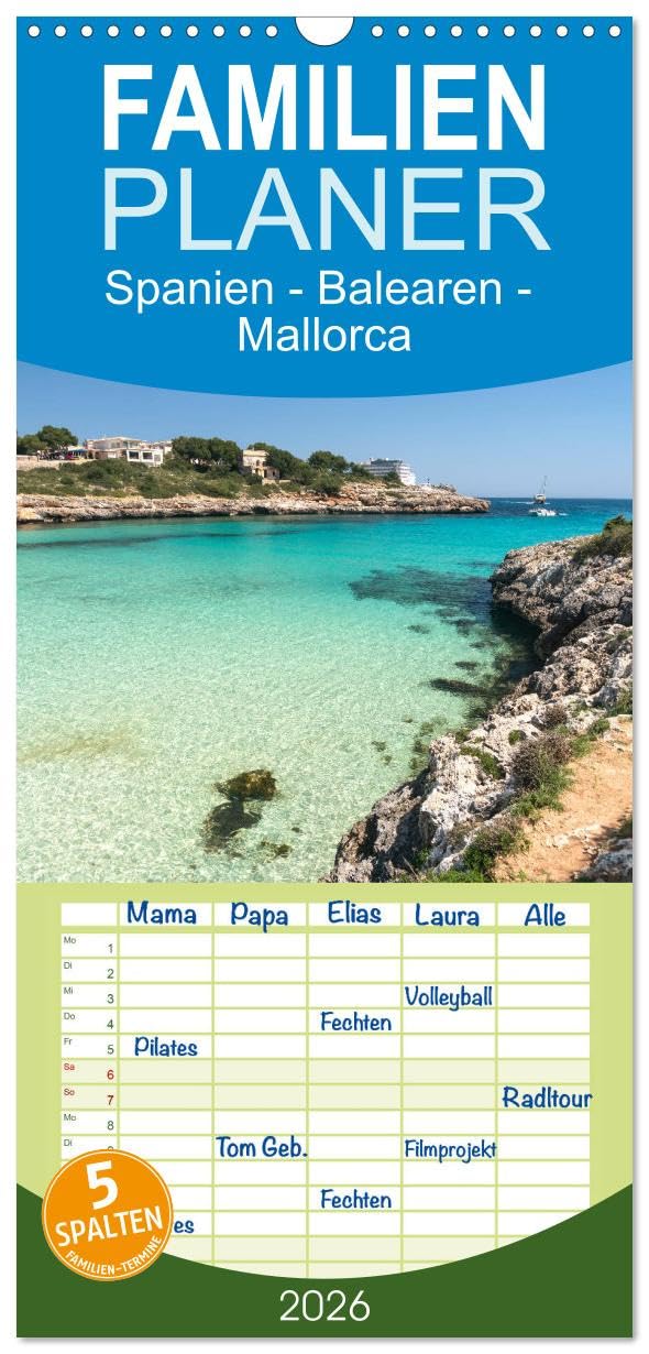 Familienplaner 2026 - Spanien - Balearen - Mallorca mit 5 Spalten (Wandkalender, 21 cm x 45 cm), CALVENDO Leisure, Home & Garden