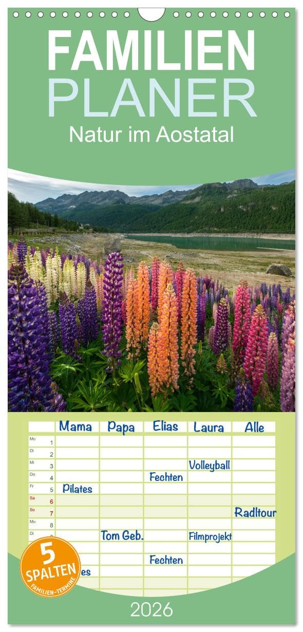 Familienplaner 2026 - Natur im Aostatal mit 5 Spalten (Wandkalender, 21 cm x 45 cm), CALVENDO Leisure, Home & Garden