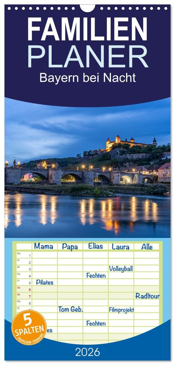 Familienplaner 2026 - Bayern bei Nacht mit 5 Spalten (Wandkalender, 21 cm x 45 cm), CALVENDO Leisure, Home & Garden