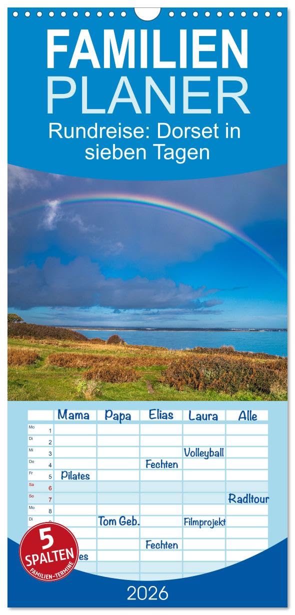 Familienplaner 2026 - Rundreise: Dorset in sieben Tagen mit 5 Spalten (Wandkalender, 21 cm x 45 cm), CALVENDO Leisure, Home & Garden