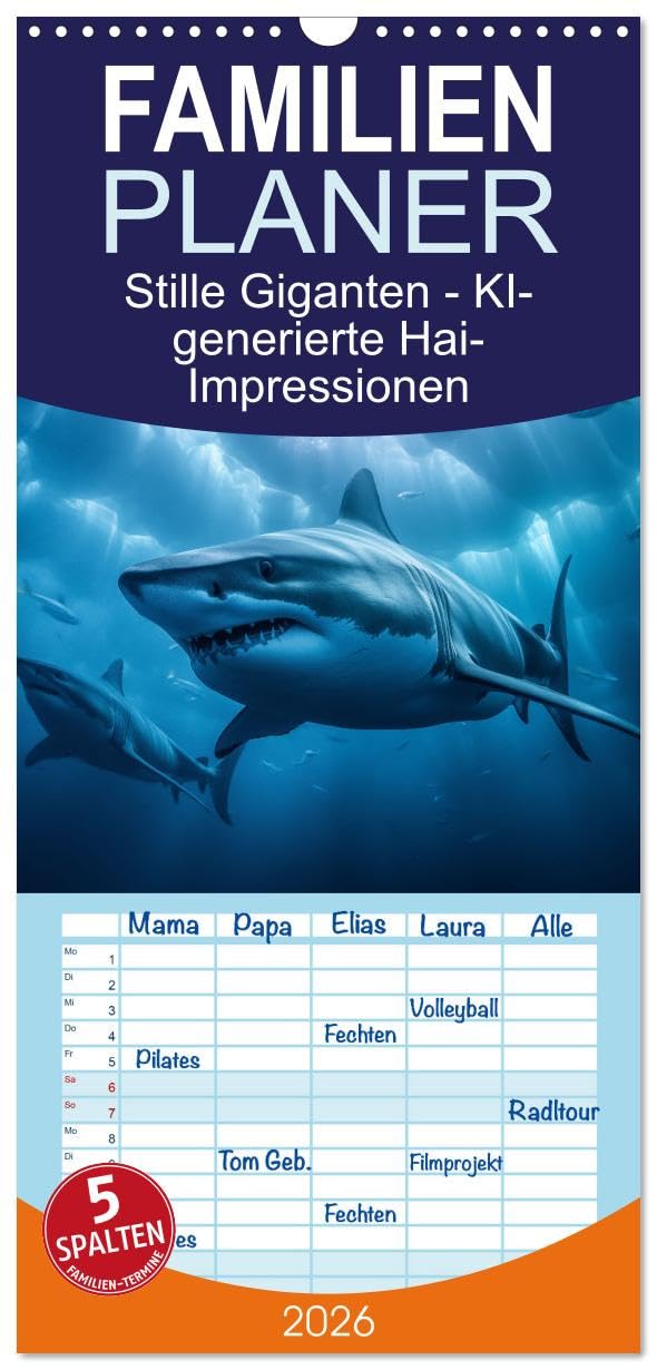 Familienplaner 2026 - Stille Giganten - KI-generierte Hai-Impressionen mit 5 Spalten (Wandkalender, 21 cm x 45 cm), CALVENDO Natural Sciences