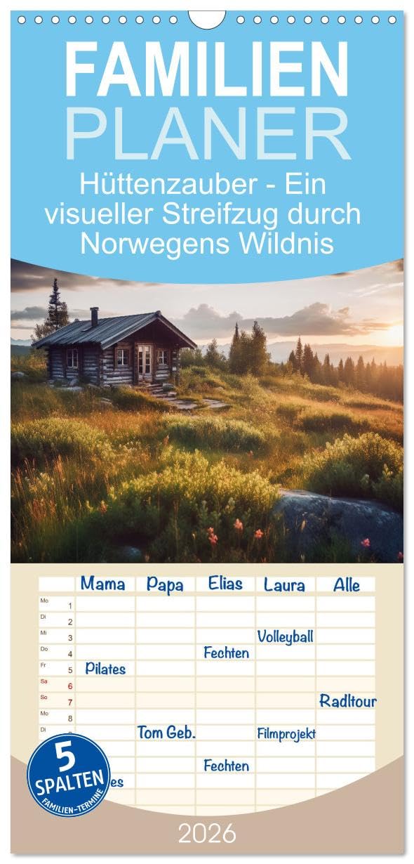 Familienplaner 2026 - Hüttenzauber - Ein visueller Streifzug durch Norwegens Wildnis mit 5 Spalten (Wandkalender, 21 cm x 45 cm), CALVENDO Film, Art & Culture