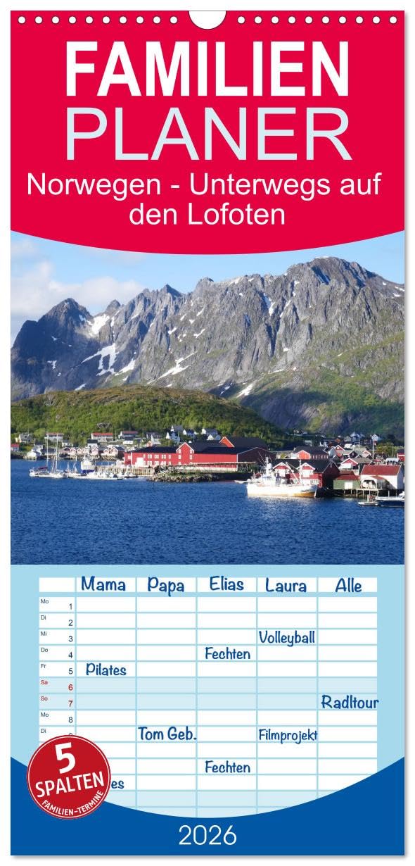 Familienplaner 2026 - Norwegen - Unterwegs auf den Lofoten mit 5 Spalten (Wandkalender, 21 cm x 45 cm), CALVENDO Leisure, Home & Garden