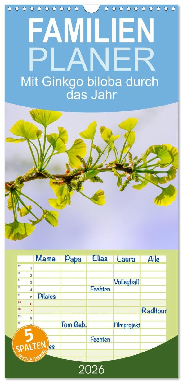 Familienplaner 2026 - Mit Ginkgo biloba durch das Jahr mit 5 Spalten (Wandkalender, 21 cm x 45 cm), CALVENDO Leisure, Home & Garden