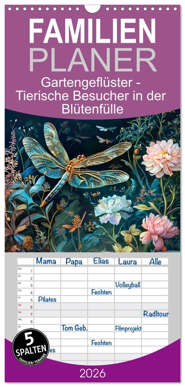 Familienplaner 2026 - Gartengeflüster - Tierische Besucher in der Blütenfülle mit 5 Spalten (Wandkalender, 21 cm x 45 cm), CALVENDO Social Sciences