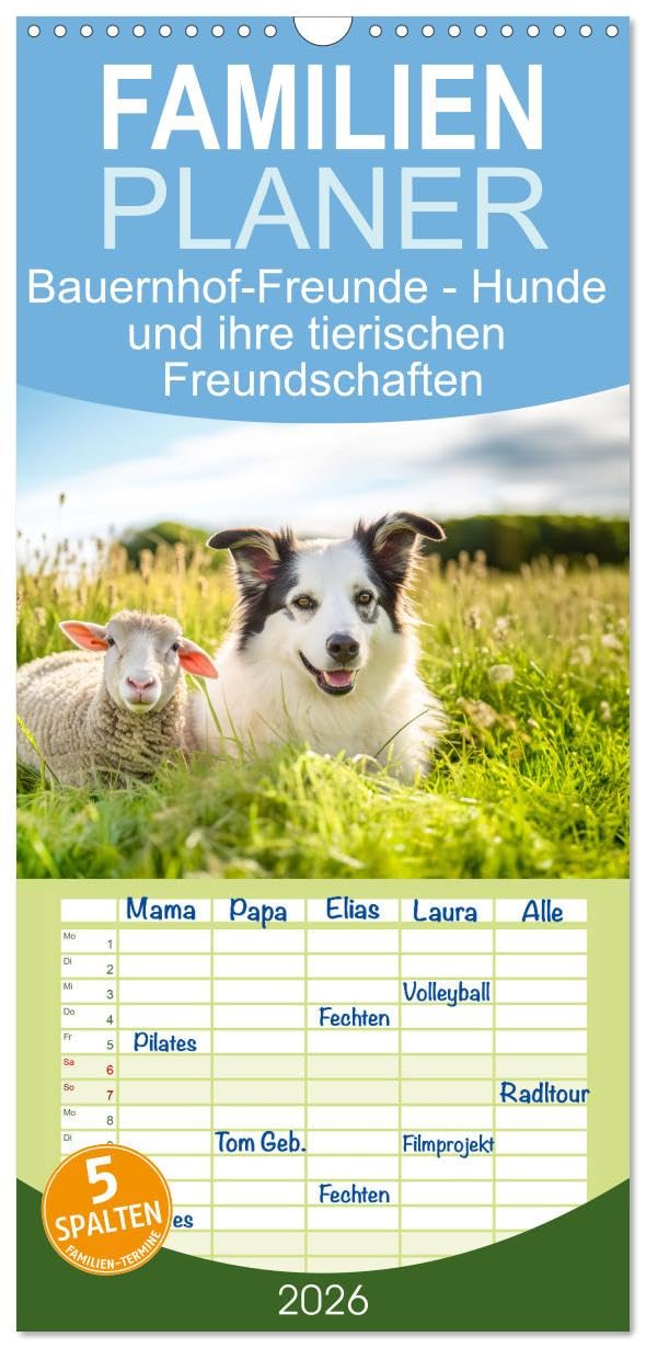 Familienplaner 2026 - Bauernhof-Freunde - Hunde und ihre tierischen Freundschaften mit 5 Spalten (Wandkalender, 21 cm x 45 cm), CALVENDO Social Sciences