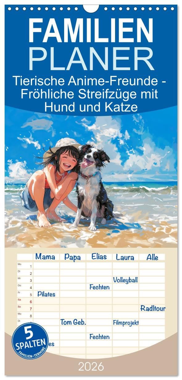 Familienplaner 2026 - Tierische Anime-Freunde - Fröhliche Streifzüge mit Hund und Katze mit 5 Spalten (Wandkalender, 21 cm x 45 cm), CALVENDO Social Sciences