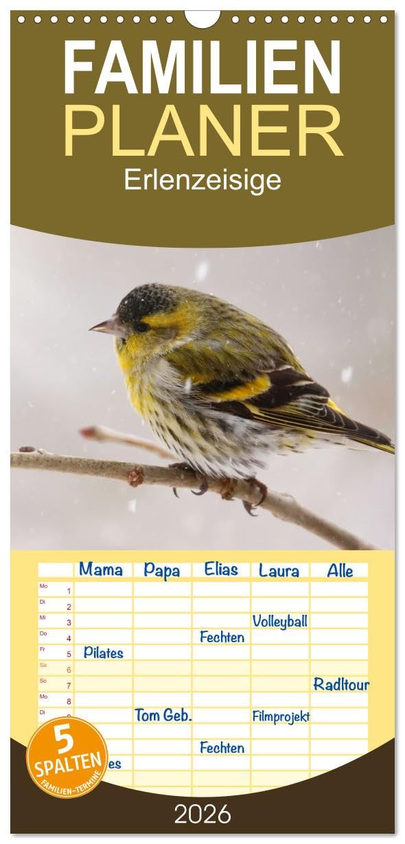Familienplaner 2026 - Erlenzeisige mit 5 Spalten (Wandkalender, 21 cm x 45 cm), CALVENDO Social Sciences
