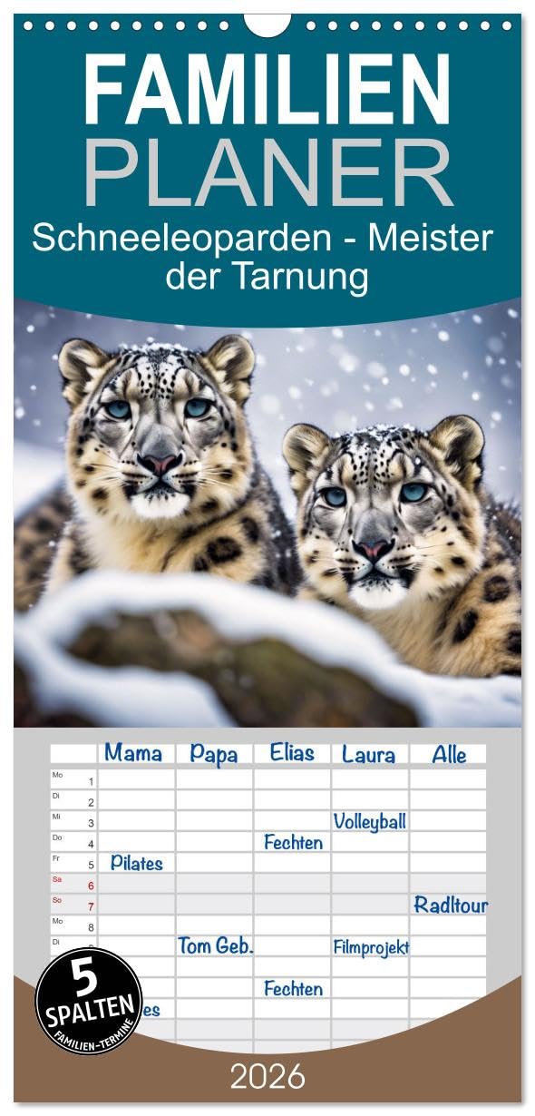 Familienplaner 2026 - Schneeleoparden - Meister der Tarnung mit 5 Spalten (Wandkalender, 21 cm x 45 cm), CALVENDO Natural Sciences