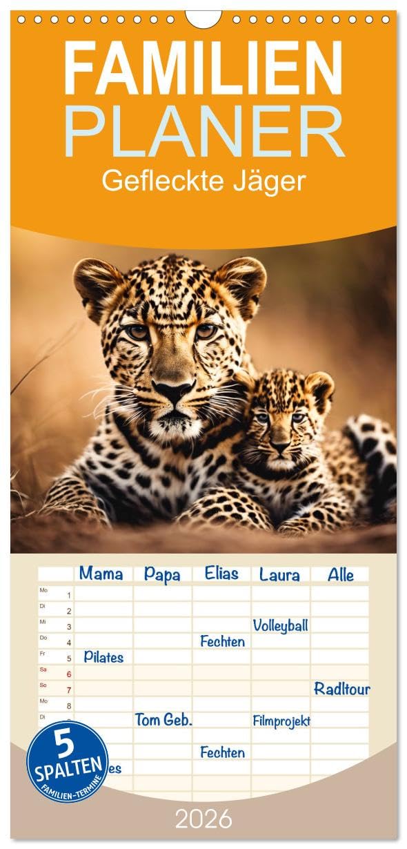 Familienplaner 2026 - Gefleckte Jäger mit 5 Spalten (Wandkalender, 21 cm x 45 cm), CALVENDO Natural Sciences