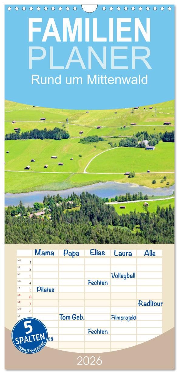 Familienplaner 2026 - Rund um Mittenwald mit 5 Spalten (Wandkalender, 21 cm x 45 cm), CALVENDO Photography