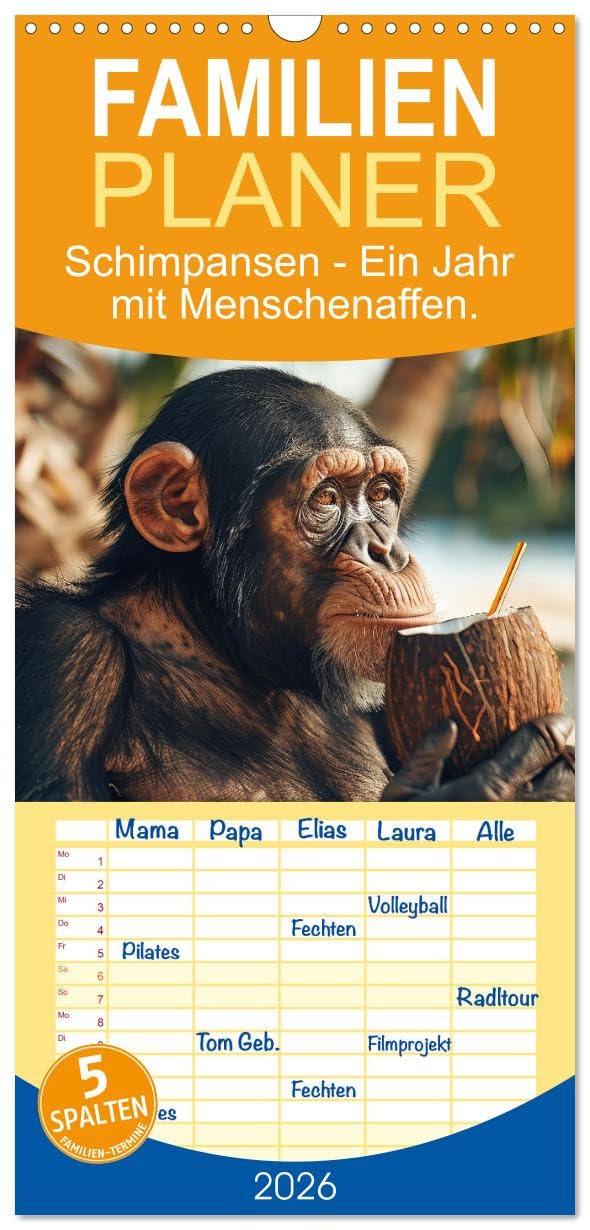 Familienplaner 2026 - Schimpansen - Ein Jahr mit Menschenaffen. mit 5 Spalten (Wandkalender, 21 cm x 45 cm), CALVENDO Natural Sciences