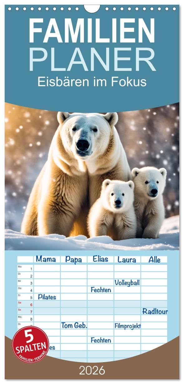 Familienplaner 2026 - Eisbären im Fokus mit 5 Spalten (Wandkalender, 21 cm x 45 cm), CALVENDO Natural Sciences