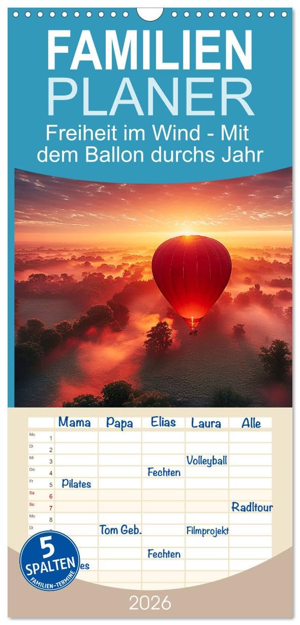 Familienplaner 2026 - Freiheit im Wind - Mit dem Ballon durchs Jahr mit 5 Spalten (Wandkalender, 21 cm x 45 cm), CALVENDO Social Sciences