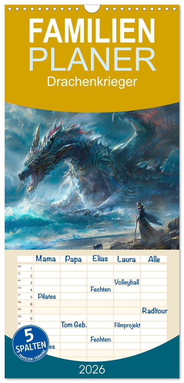 Familienplaner 2026 - Drachenkrieger mit 5 Spalten (Wandkalender, 21 cm x 45 cm), CALVENDO Arts & Music