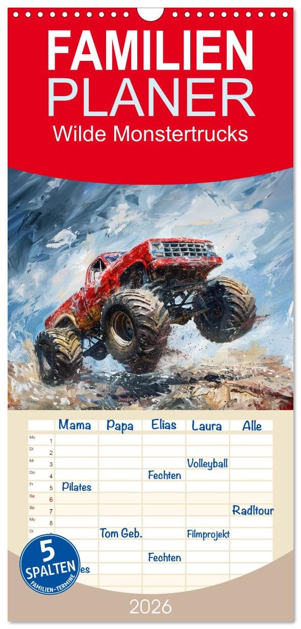 Familienplaner 2026 - Wilde Monstertrucks mit 5 Spalten (Wandkalender, 21 cm x 45 cm), CALVENDO Leisure & Fun