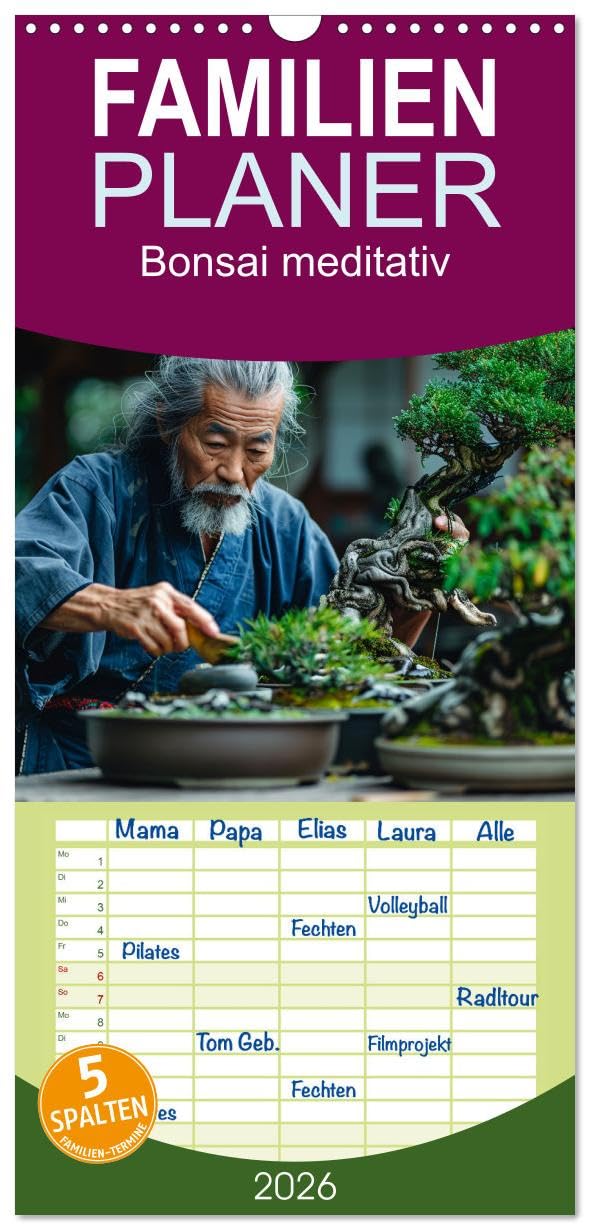 Familienplaner 2026 - Bonsai meditativ mit 5 Spalten (Wandkalender, 21 cm x 45 cm), CALVENDO Leisure, Home & Garden