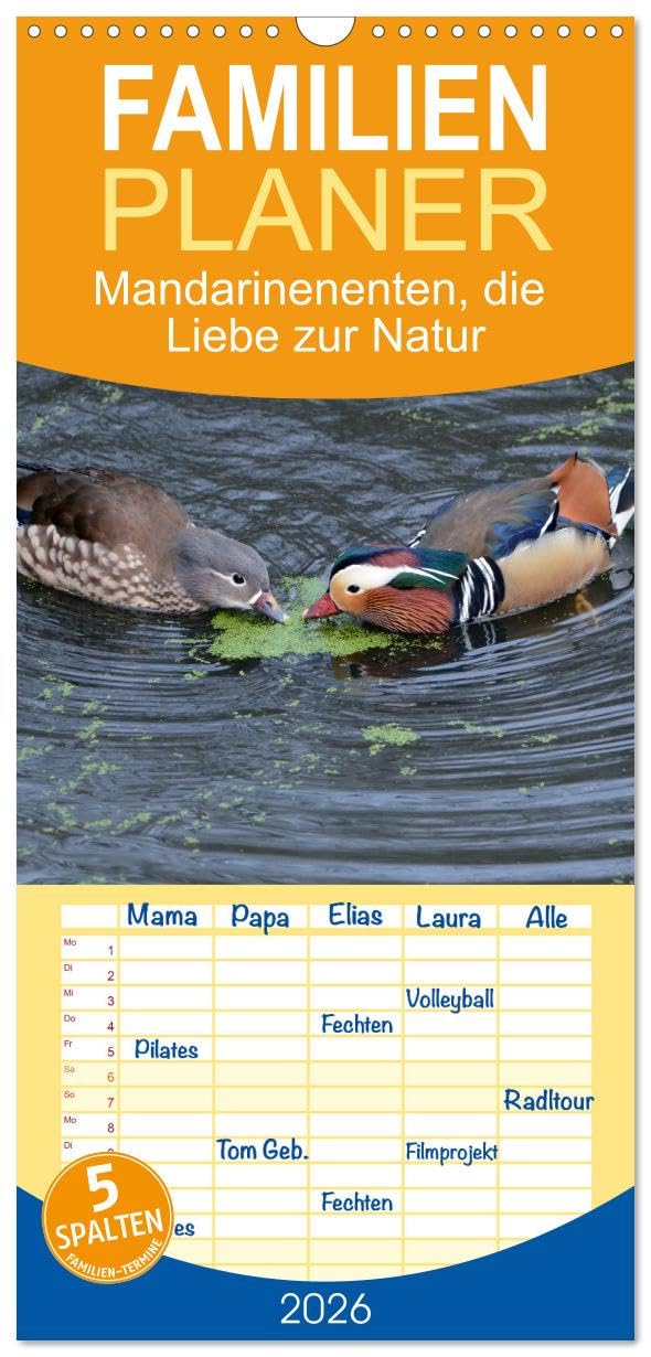 Familienplaner 2026 - Mandarinenenten, die Liebe zur Natur mit 5 Spalten (Wandkalender, 21 cm x 45 cm), CALVENDO Natural Sciences