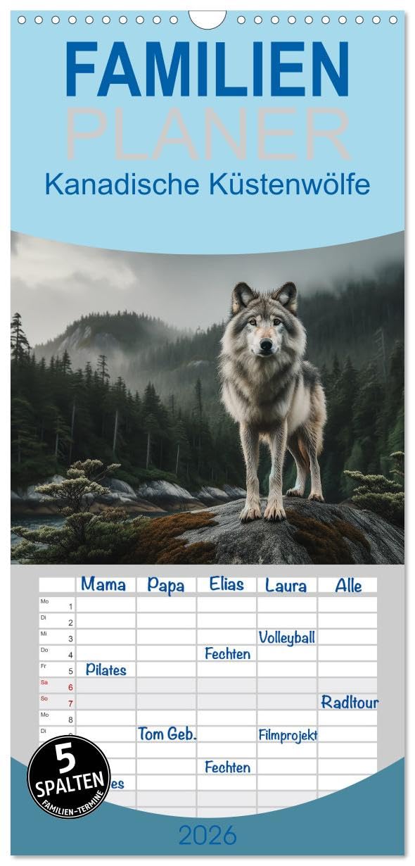 Familienplaner 2026 - Kanadische Küstenwölfe mit 5 Spalten (Wandkalender, 21 cm x 45 cm), CALVENDO Natural Sciences