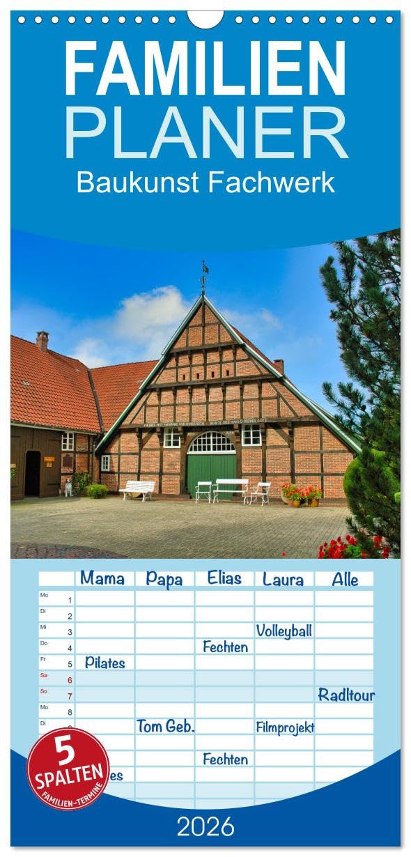 Familienplaner 2026 - Baukunst Fachwerk mit 5 Spalten (Wandkalender, 21 cm x 45 cm), CALVENDO Leisure, Home & Garden