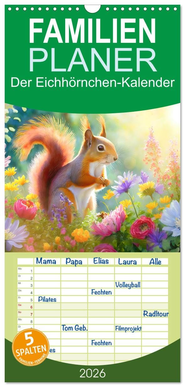 Familienplaner 2026 - Der Eichhörnchen-Kalender mit 5 Spalten (Wandkalender, 21 cm x 45 cm), CALVENDO Living & Furnishing