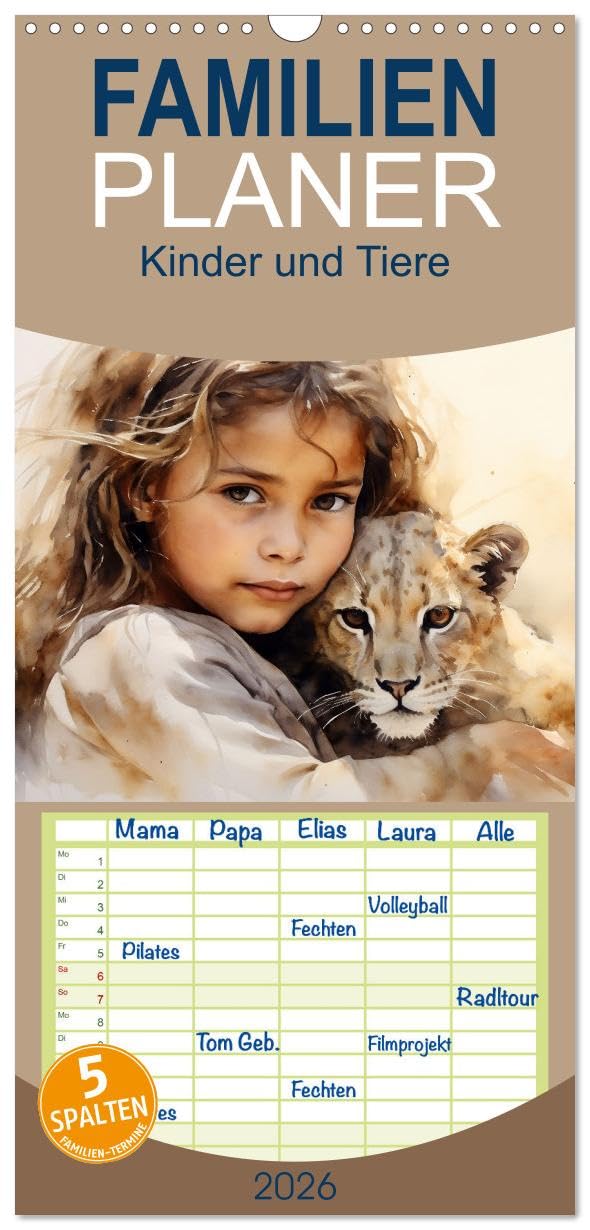 Familienplaner 2026 - Kinder und Tiere mit 5 Spalten (Wandkalender, 21 cm x 45 cm), CALVENDO Film, Art & Culture