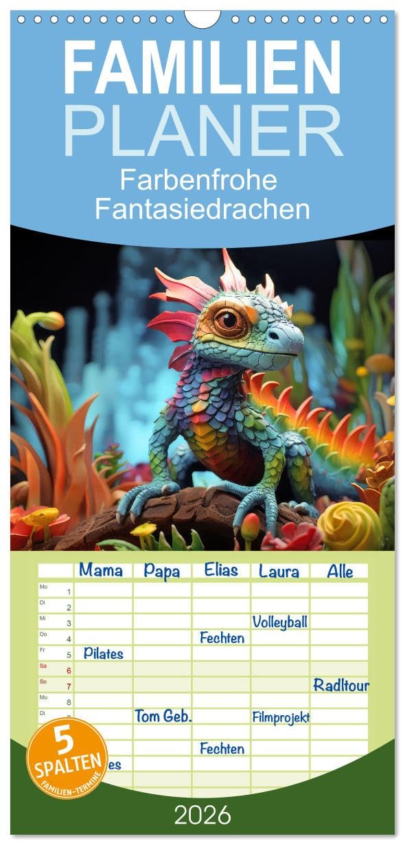 Familienplaner 2026 - Farbenfrohe Fantasiedrachen mit 5 Spalten (Wandkalender, 21 cm x 45 cm), CALVENDO Leisure, Home & Garden
