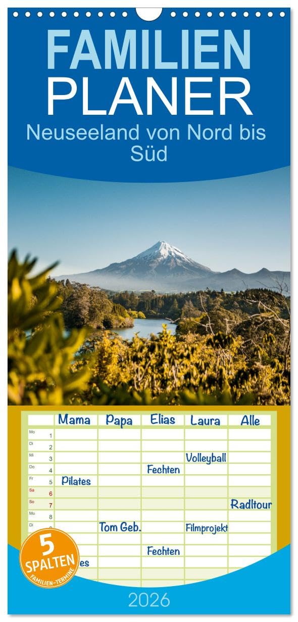 Familienplaner 2026 - Neuseeland von Nord bis Süd mit 5 Spalten (Wandkalender, 21 cm x 45 cm), CALVENDO Leisure, Home & Garden