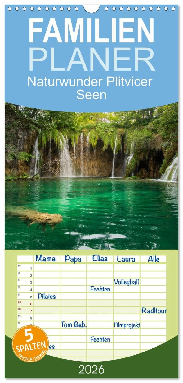 Familienplaner 2026 - Naturwunder Plitvicer Seen mit 5 Spalten (Wandkalender, 21 cm x 45 cm), CALVENDO Social Sciences