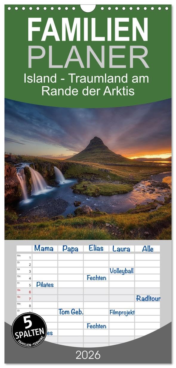 Familienplaner 2026 - Island - Traumland am Rande der Arktis mit 5 Spalten (Wandkalender, 21 cm x 45 cm), CALVENDO Photography