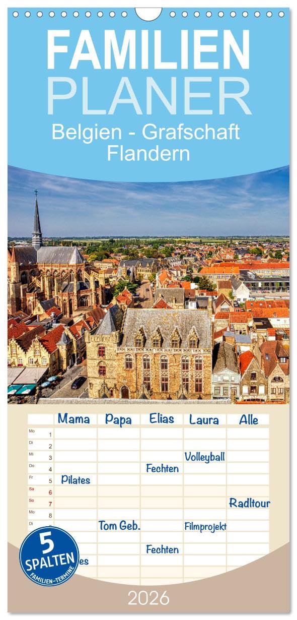 Familienplaner 2026 - Belgien - Grafschaft Flandern mit 5 Spalten (Wandkalender, 21 cm x 45 cm), CALVENDO Leisure, Home & Garden