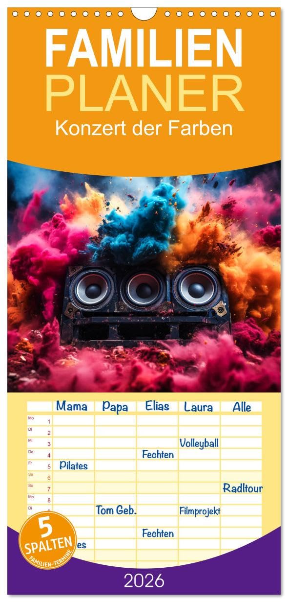 Familienplaner 2026 - Konzert der Farben mit 5 Spalten (Wandkalender, 21 cm x 45 cm), CALVENDO Lifestyle