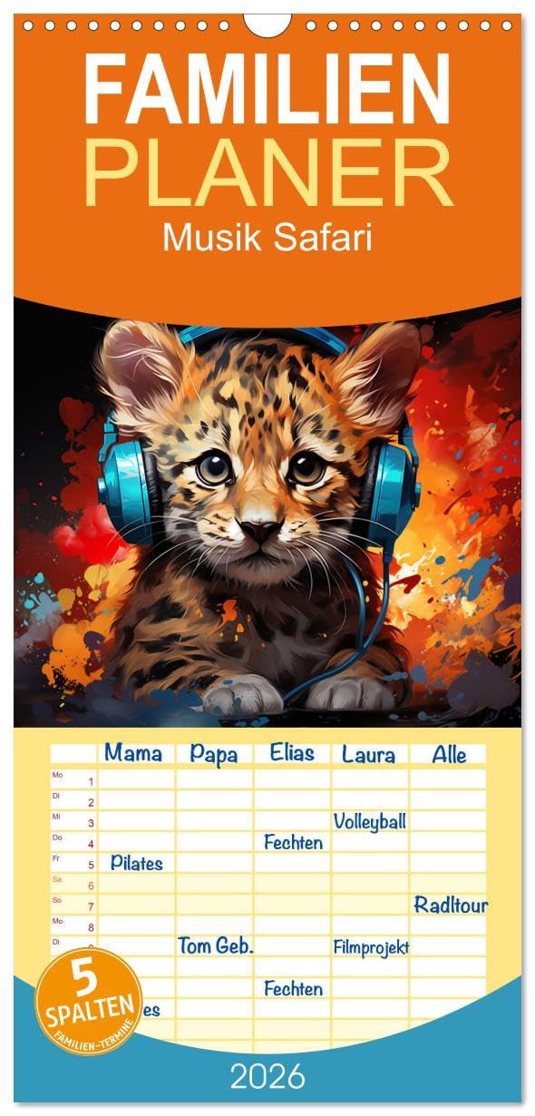 Familienplaner 2026 - Musik Safari mit 5 Spalten (Wandkalender, 21 x 45 cm) CALVENDO: Erleben Sie die verblüffende Harmonie zwischen Tieren und Musik ... auf Klänge reagieren. (CALVENDO Tiere) Arts & Music