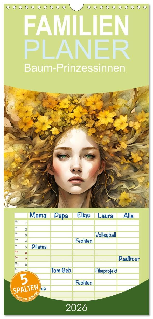 Familienplaner 2026 - Baum-Prinzessinnen mit 5 Spalten (Wandkalender, 21 cm x 45 cm), CALVENDO Social Sciences