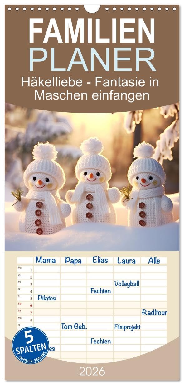 Familienplaner 2026 - Häkelliebe - Fantasie in Maschen einfangen mit 5 Spalten (Wandkalender, 21 cm x 45 cm), CALVENDO Social Sciences