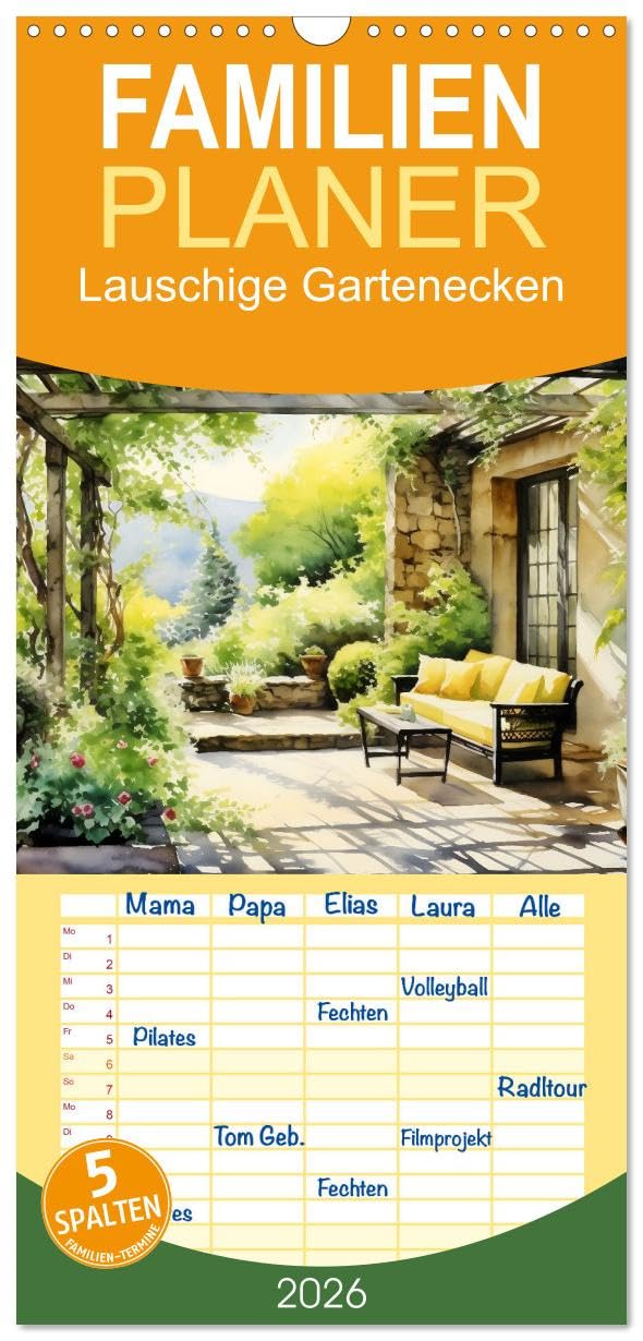 Familienplaner 2026 - Lauschige Gartenecken mit 5 Spalten (Wandkalender, 21 cm x 45 cm), CALVENDO Film, Art & Culture