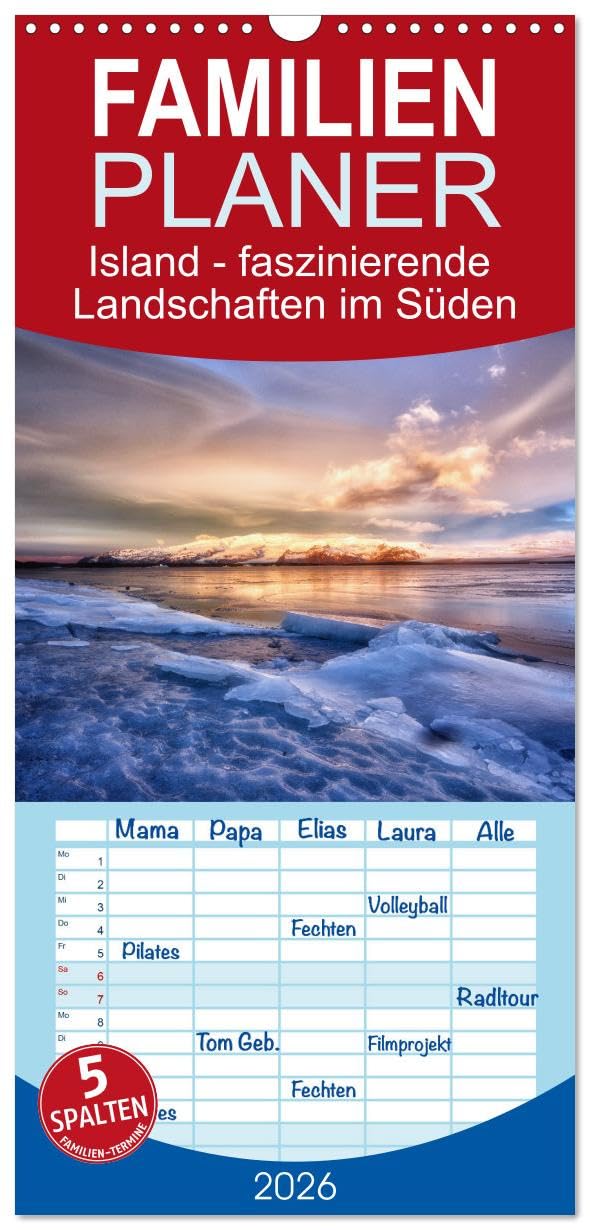 Familienplaner 2026 - Island - faszinierende Landschaften im Süden mit 5 Spalten (Wandkalender, 21 cm x 45 cm), CALVENDO Leisure, Home & Garden