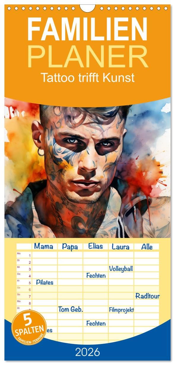 Familienplaner 2026 - Tattoo trifft Kunst mit 5 Spalten (Wandkalender, 21 cm x 45 cm), CALVENDO Film, Art & Culture