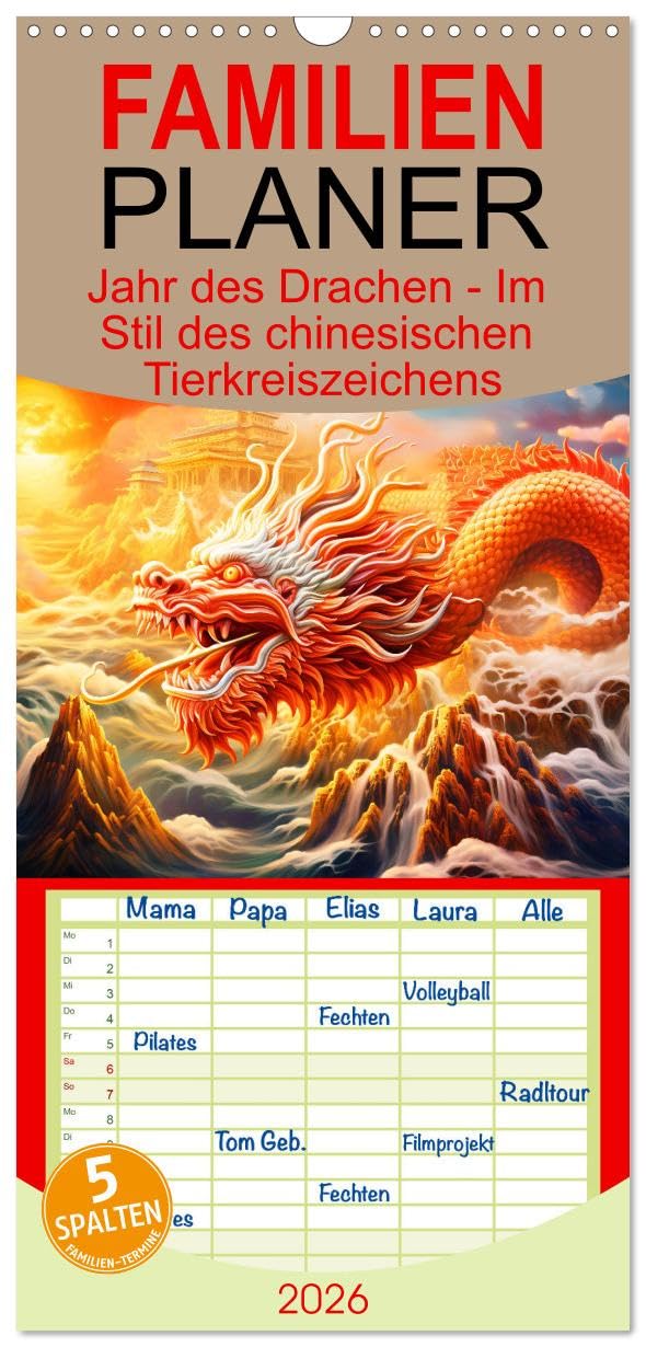 Familienplaner 2026 - Jahr des Drachen - Im Stil des chinesischen Tierkreiszeichens mit 5 Spalten (Wandkalender, 21 cm x 45 cm), CALVENDO Social Sciences