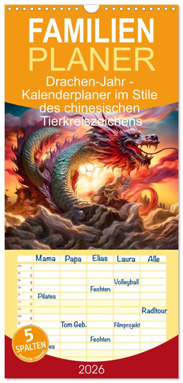 Familienplaner 2026 - Drachen-Jahr - Kalenderplaner im Stile des chinesischen Tierkreiszeichens mit 5 Spalten (Wandkalender, 21 cm x 45 cm), CALVENDO Social Sciences