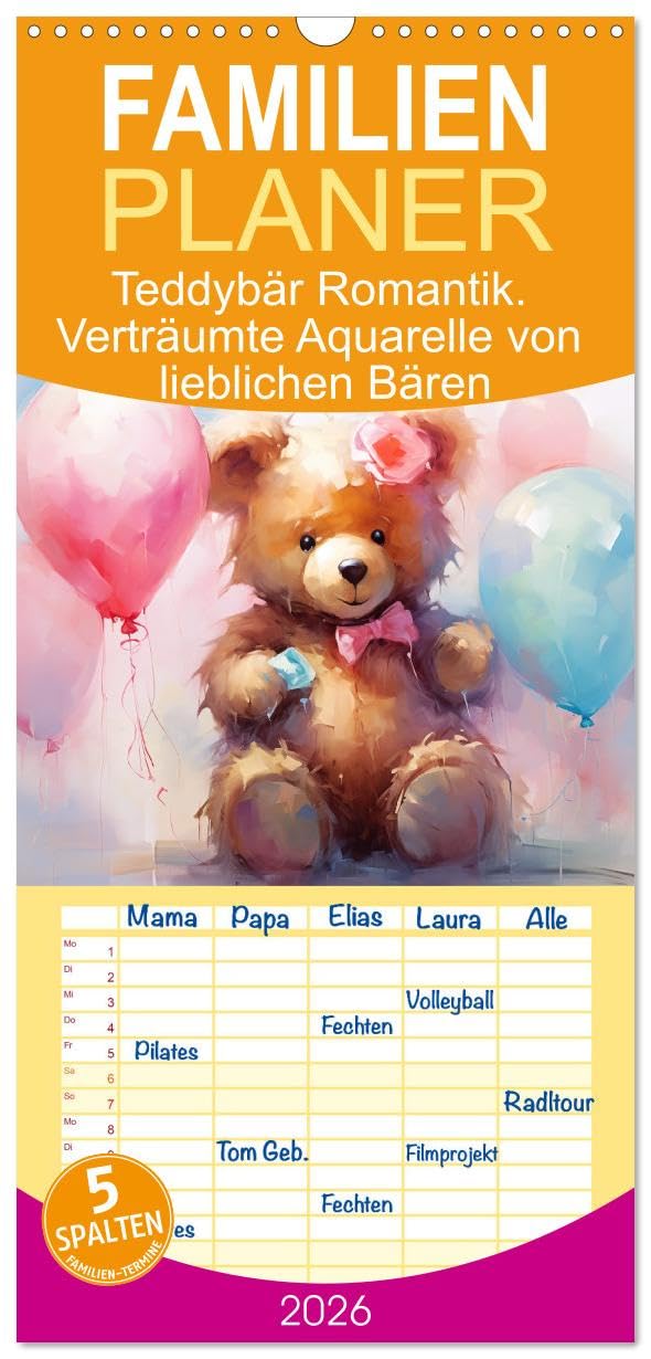 Familienplaner 2026 - Teddybär Romantik. Verträumte Aquarelle von lieblichen Bären mit 5 Spalten (Wandkalender, 21 cm x 45 cm), CALVENDO Living & Furnishing