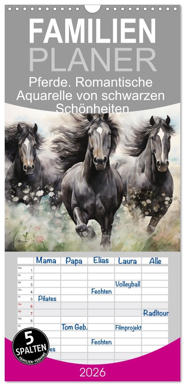 Familienplaner 2026 - Pferde. Romantische Aquarelle von schwarzen Schönheiten mit 5 Spalten (Wandkalender, 21 cm x 45 cm), CALVENDO Film, Art & Culture