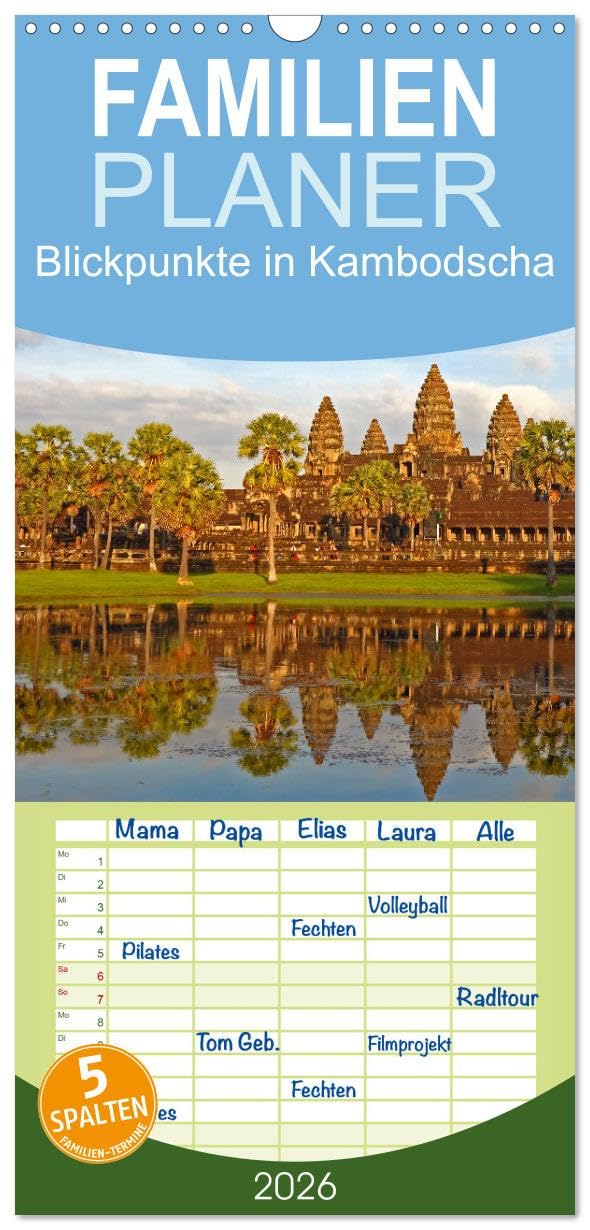 Familienplaner 2026 - Blickpunkte in Kambodscha mit 5 Spalten (Wandkalender, 21 cm x 45 cm), CALVENDO Leisure, Home & Garden