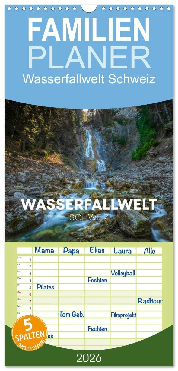 Familienplaner 2026 - Wasserfallwelt Schweiz mit 5 Spalten (Wandkalender, 21 cm x 45 cm), CALVENDO Photography