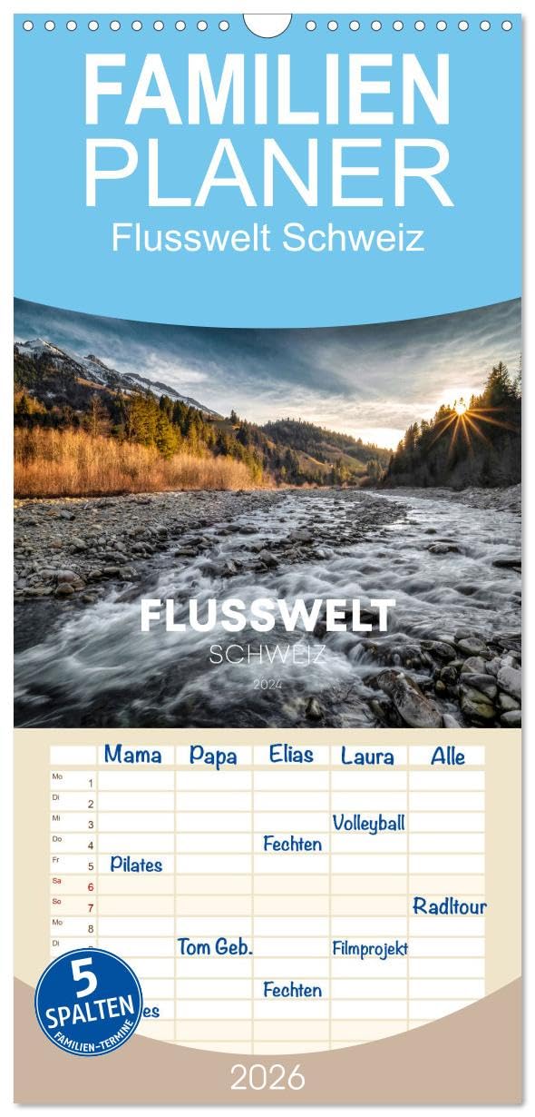 Familienplaner 2026 - Flusswelt Schweiz mit 5 Spalten (Wandkalender, 21 x 45 cm) CALVENDO: Landschaftsfotokalender mit den schönsten und ... der Schweiz. (CALVENDO Natur) Photography