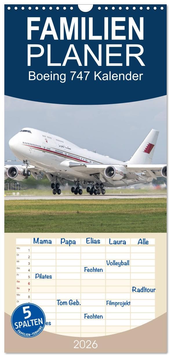 Familienplaner 2026 - Boeing 747 Kalender mit 5 Spalten (Wandkalender, 21 cm x 45 cm), CALVENDO Photography