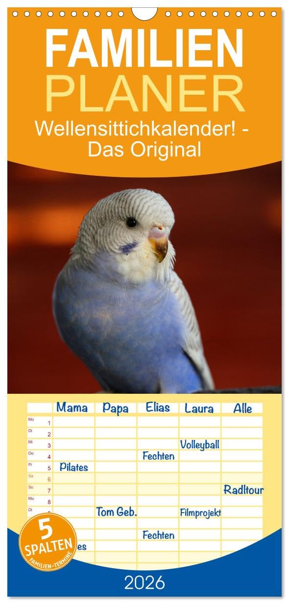 Familienplaner 2026 - Wellensittichkalender! - Das Original mit 5 Spalten (Wandkalender, 21 cm x 45 cm), CALVENDO Social Sciences