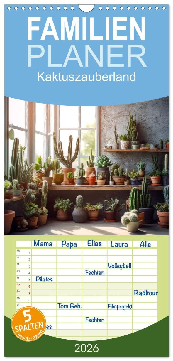 Familienplaner 2026 - Kaktuszauberland mit 5 Spalten (Wandkalender, 21 cm x 45 cm), CALVENDO Leisure, Home & Garden